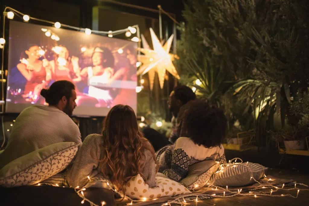 Two girls and a boy sitting on blankets under the stars, watching a movie projected onto a screen outdoors, surrounded by string lights and snacks, enjoying an outdoor movie night together.