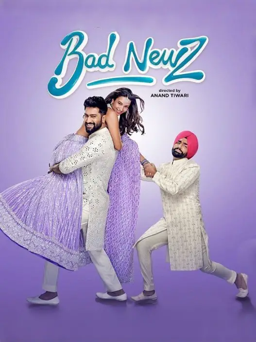 A poster for the movie "Bad Newz" featuring Vicky Kaushal, Tripti Dimri, and Ammy Virk against a gritty backdrop.