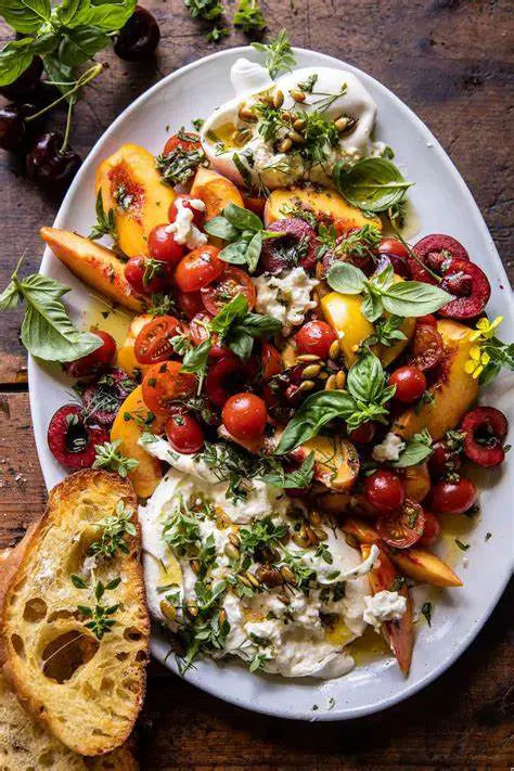 A plate showcasing a vibrant burrata salad with grilled peaches, arugula, cherry tomatoes, and balsamic glaze drizzle, a delicious summer delight.